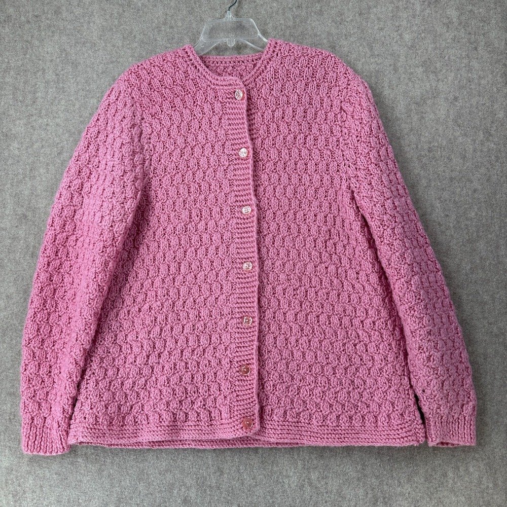VTG 60s Handmade Pointelle Crochet Cardigan Sweater Pink Rockabilly MED Grandma‎